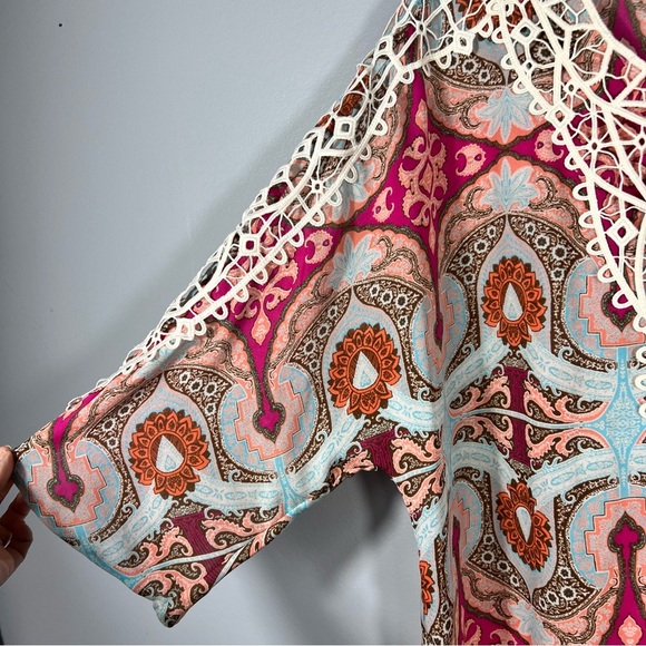 Boho Safari Chic Crochet Blouse Sz Medium Large Oversized 3/4 Sleeve Chico’s Top - Picture 5 of 9